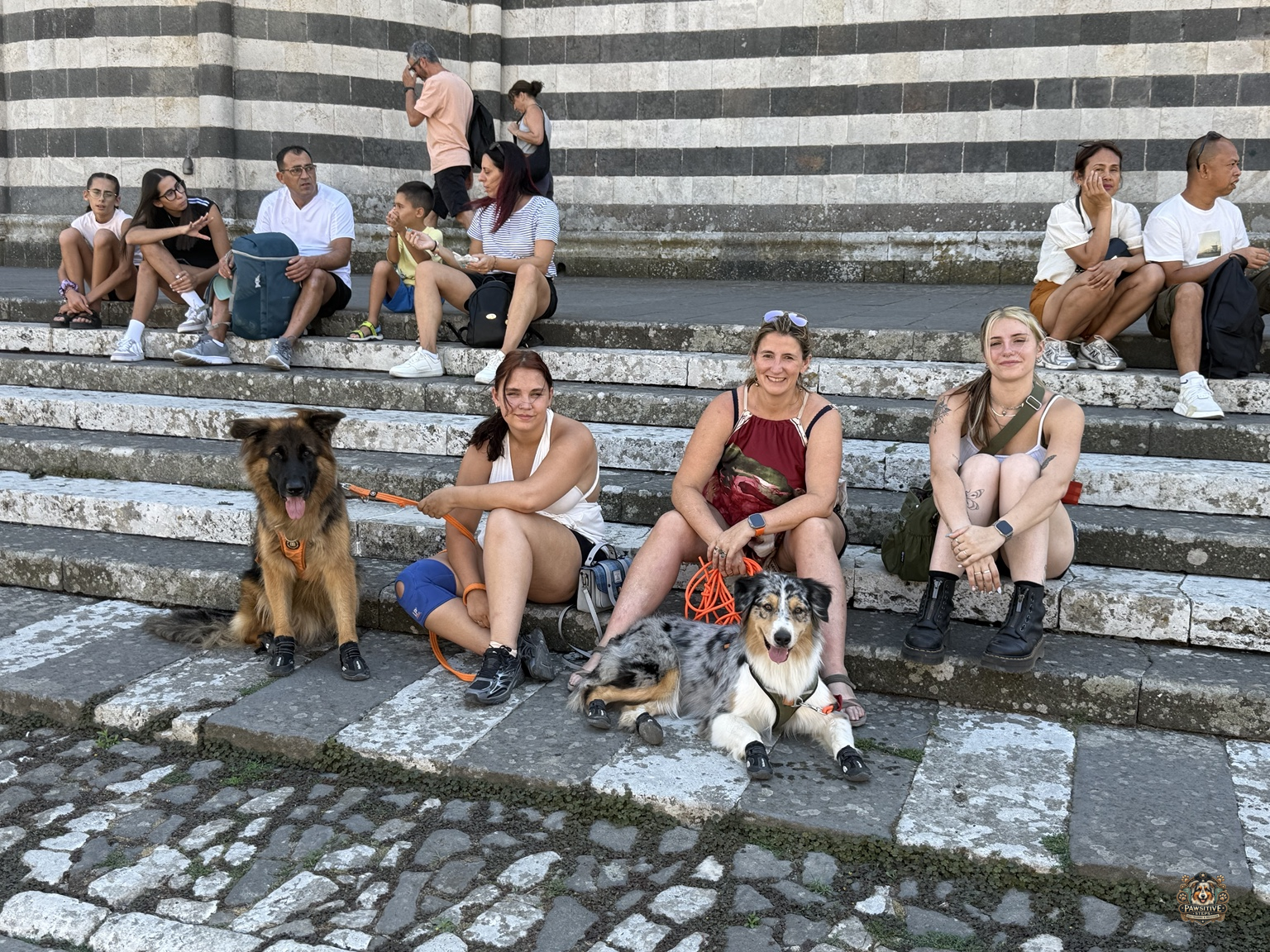 Kel, de kinderen en Vanessa met Kane en Kira op de stenen trappen in Viterbo